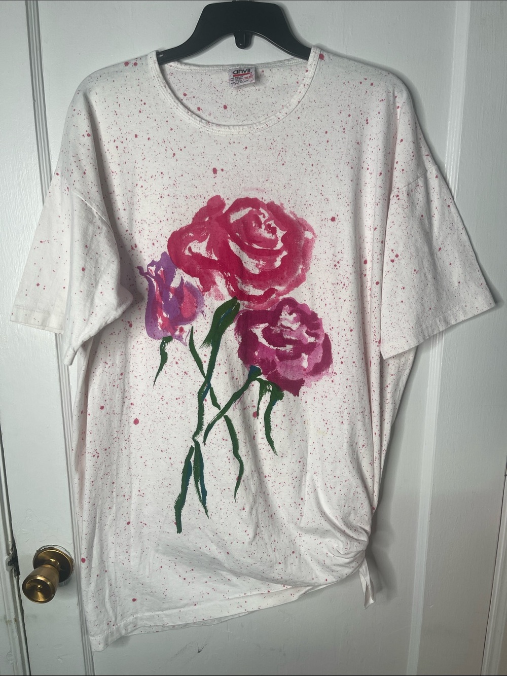 90s Oversized T-shirt Paint Splatter Roses Tie Tee Shirt Coverup Pink OSFA Anvil